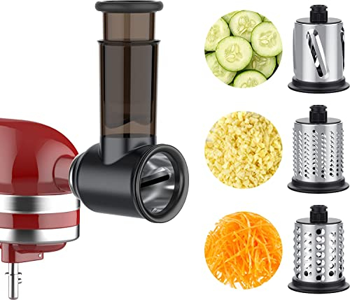 Cofun Accessorio Affettaverdure Taglia Verdure, Grattugia per Kitchenaid Robot da Cucina, Grattugia Formaggio a Tamburo per kitchenaid Accessori, Affettatrice Mandolina con 3 Lame in Acciaio Inox