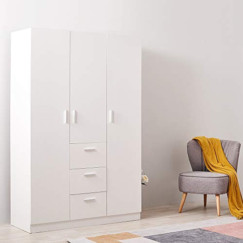 Panana Wooden 3 Doors 3 Drawers Wardrobes with Hanging Rail and Storage Shelves Modern Large Clothes Cupboards Unit for Bedroom Furniture (White)
