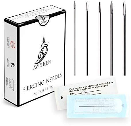 AWAKEN Aiguilles de Piercing Body Piercing stériles pour Accessoires de Tatouage de Langue de Nombril d'Oreille de Nez 50 pièces 16G