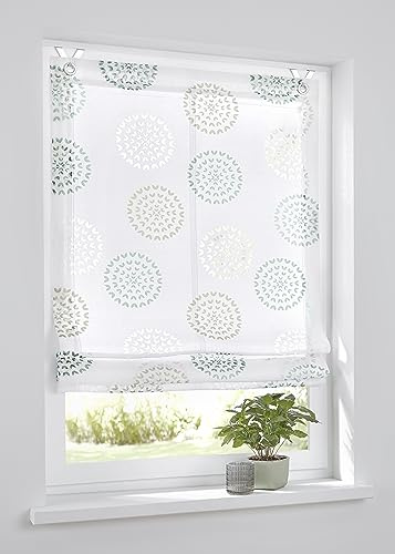 Ösenrollo Bella Ausbrenner Weiss Bedruckt Kreis Motiv Weiss türkis, 80 x 140 cm, incl. Fensterhaken