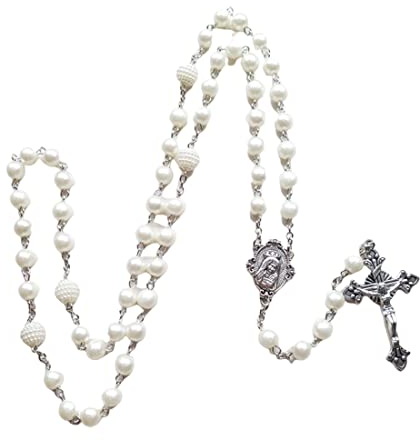 Weiße Perle Rosenkranz Perlen Katholische Halskette Lange Heilige Gebetskette Halskette Glas Rosenkranz Halskette mit Medaille Kreuz Kruzifix Charm für Frauen Männer