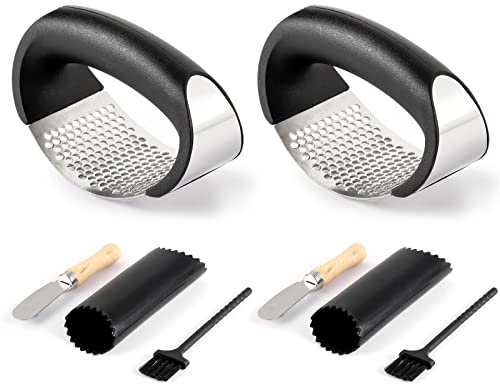 2 Pack Garlic Press Rocker, Stainless Steel Garlic Mincer with 2 Peelers, 2 Scrapers and 2 Brushes | Garlic Crusher Garlic Chopper for Smashing Garlic