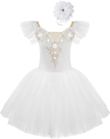 Freebily Vestito Tutu da Balletto per Ballo Bambina Ragazza Vestito da Danza Classica Ballerina Body da Pattinaggio Artistico + Copricapo Abito da Ballo Latino Ginnastica Bianco 13-14 Anni
