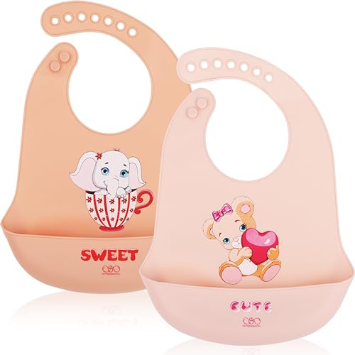 FIFTYSEVENFACES Set 2 Bavaglini Silicone con Tasca Raccoglipappa – Impermeabili, BPA Free, Morbidi e Regolabili in 7 Posizioni – Ideali per Svezzamento e Prima Pappa Bambina