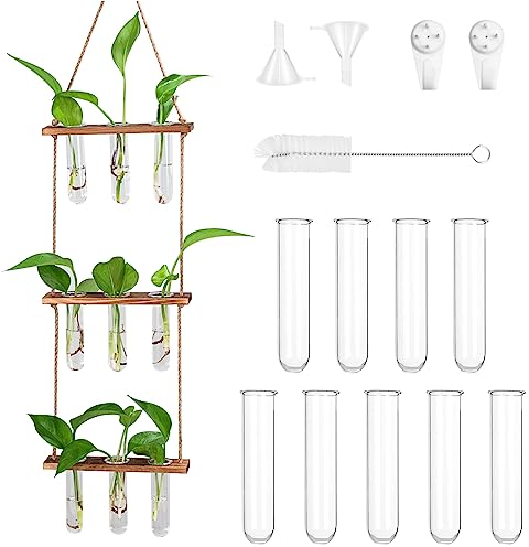 PEALOVCOM Vaso per Provette Sospeso Stazione di Propagazione per Piante con 10 Pz Provette 3 Pz Tavolette di Legno 1 Pz Spago 2 Pz Imbuti e 1 Pz Spazzola per Pulizia per Appendere Fiori di Piante Casa