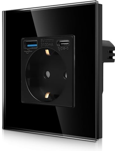 CNBINGO Single Socket with 2 x USB Ports Quick Charging - 1 x (Type C and USB-A Total Max. 3.1 Amp) - Simple Glass Schuko Socket Flush-Mounted - Black Wall Socket with Child Lock