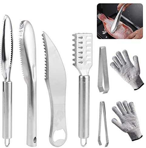 8pcs Fish Scaler Remover, Stainless Steel Fish Scale Cleaner Scraper with Antiscratch Gloves, 2 Fish Bone Tweezers, Kitchen Peeling Descaler Kit Fish Skin Grater Peeler Tool