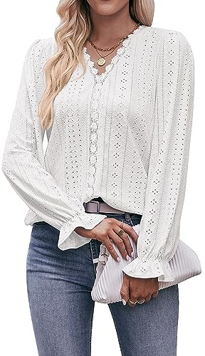 Coloody Chemisier Décontracté à Manches Longues et col en V pour Femme Elegant Tee Shirt Décontracté Loose Hauts Tunique-Blanc-S