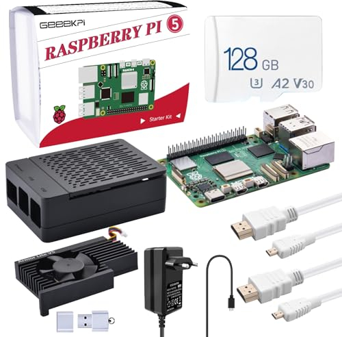 GeeekPi Starter Kit für Raspberry Pi 5 8GB, Inklusive Pi 5 8GB RAM-Board, 128GB SD-Karte und Kartenleser, Pi 5 ABS Gehäuse mit Armor Lite V5 Aktivkühler, 27W 5.1V 5A USB C Netzteil, 2pcs 4K HDMI-Kabel