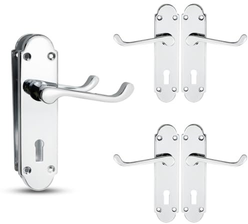 Bwintech 3 Sets Polished Chrome Richmond Lever on Plate, Latch Furniture, Backplate Door Handles, with Keyhole, Suitable for Wooden Doors