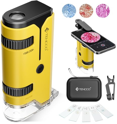 Mini Pocket Microscope 100x-250x för Barn Vuxna, Bärbart Mikroskop med 5 Mikroskopblad, Telefonadapter, Bärbart Miniskop för Barn Vuxna, Vetenskaplig Utbildning, Gul