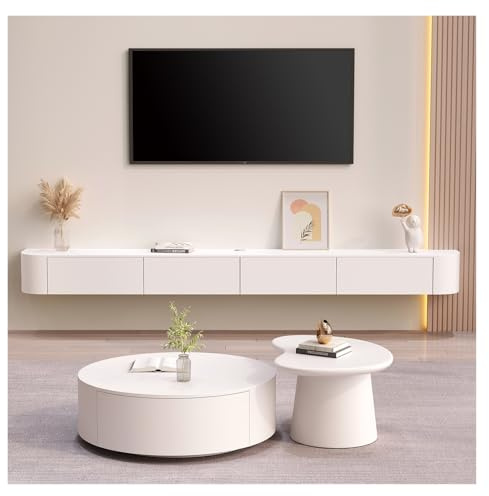 Flytande TV-ställ hängande TV-skåp träförvaringsenhet under TV modern underhållningsenhet med 3/4 förvaringshylla underhållning konsol (vit, 220 cm)