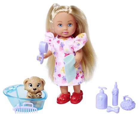 Evi Love Dog Bath, Spielpuppe mit Hund, der Schmutz an seinen Pfoten hat, inkl. Badewanne und Handtuch, 8 Teile, Zubehör, 12cm, ab 3 Jahren