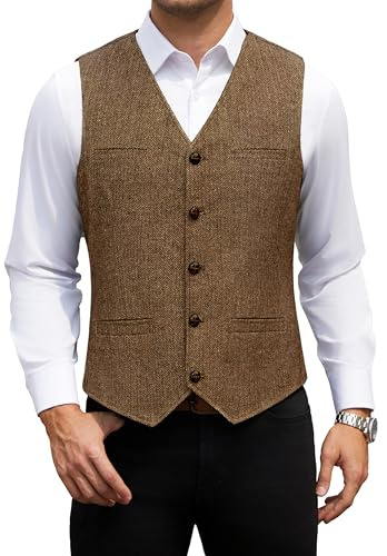 HISDERN Chaleco Traje Hombre Vintage Casual Chaleco Tweed de Lana Hombre para Boda Negocios con Bolsillos