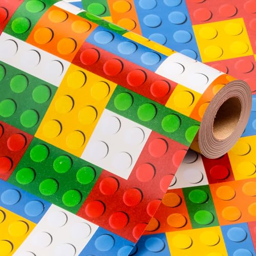 Wikadlik Reversible Building Blocks Wrapping Paper Roll - Colorful Design with Grid Cutting Lines Gift Wrap Paper for Kids Birthday, Fathers Day, Graduation - 43cm x 10m