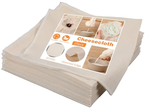 Afcabakila 25Pcs 20 x 20 Inches Cheese Cloths Bulk, Grade 100, Hemmed Cheesecloth for Straining Unbleached Cotton Muslin Cloth Reusable for Thanksgiving Turkey Cooking Baking Juicing Cheese Making