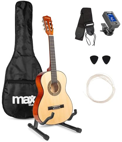 MAX SoloArt Junior 3/4 Guitarra Clásica para Niños - Set Completo con Funda Mochila, Soporte MAX GP20, Afinador Clip, Púas y Cuerdas de Nailon - Ideal para Principiantes de 8 a 12 Años