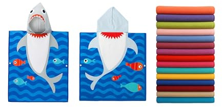 Kids Hooded Microfiber Towel Poncho – Beach & Bath Towels Ultra-Absorbent Swim Towel with Fun Cartoon Prints Lightweight & Lightweight & Sand-Repellent (Shark Waves Pattern, 60 X 120 cms)