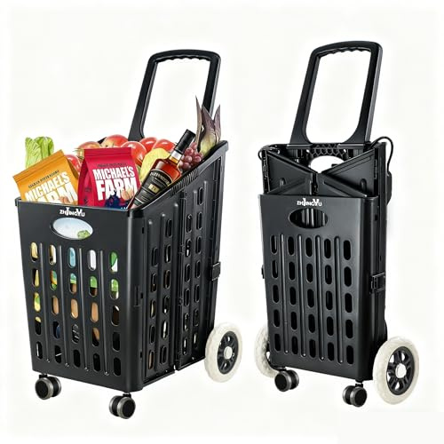 ZHJINGYU 4 Wheel Shopping Trolley, 75L Folding Shopping Trolley Fits Vertically in Trunk - 25kg for Laundry Office Travel Supermarket- 89.5cm(Black)
