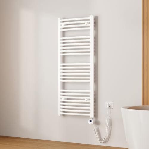 EMKE Scaldasalviette Elettrico Bagno,Curvo,120 x 50cm, 500W,Termoarredo Asciugamani da Bagno con WIFI Termostato,Bianco,Radiatore da Bagno