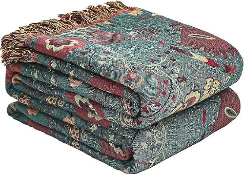 HOORDRY 100% Cotton Boho Throw Blanket for Bed,Bohemian Soft Bedspread | 4-Layer Gauze Double-Sided Throws for Armchair Sofas Couch Settees,Home Decor,Fit All Seasons,130x150 CM,Dark Green
