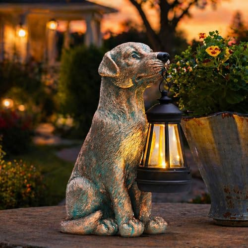 Yeomoo Figura de perro con farol solar para jardín de resina para exterior de cobre