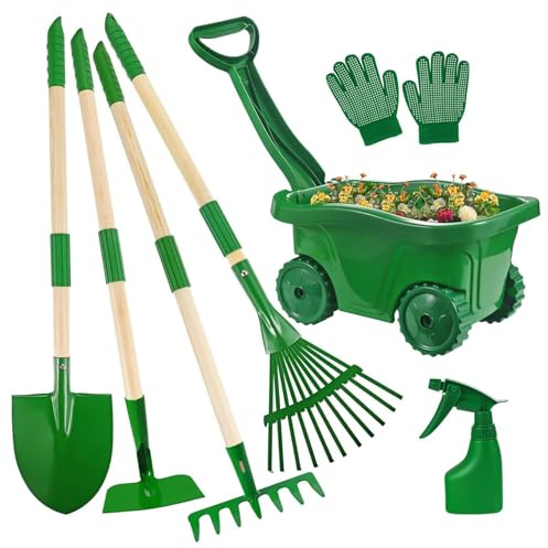 Bemonew Kids Gardening Set 7-piece Toddler Gardening Set with Wheelbarrow, Shovel, Rake and Leaf Rake, Educational Kids Garden Tools for Outdoor Backyard Play