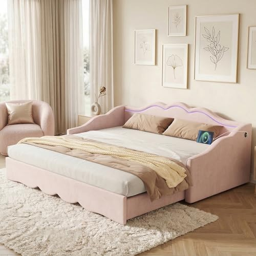 Merax 3ft Single Daybed, Upholstered Bed with Pull Out Trundle & LED Lighting, Sofa Bed Extendable to 180cm, Pink Velvet Bed Frame with USB Port, 90/180 x 190cm, No Mattress