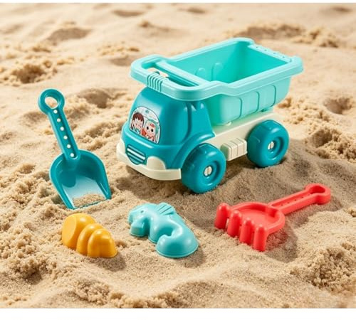 5PCS Beach Toy Set with Sand Truck, Shovel, Rake & Animal Sand Moulds, Durable Plastic Sandpit Toys for Kids, Outdoor Travel Summer Toys for Beach, Garden & Backyard Play
