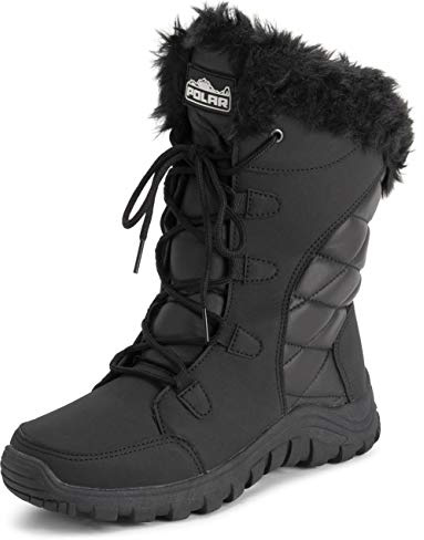 Polar Mujer Acolchada Piel Sintética Cuff Invierno Pata Suela De Goma Durable Nieve Lluvia Al Aire Libre Botas - Negro Cuero - UK4/EU37 - YC0654