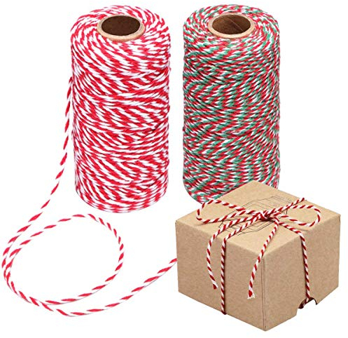 ENTHUR 2 Rolls 200m/ 656 feet Red White Green Christmas Twine Cotton String, Perfect for Baking, Butchers, DIY Arts Crafts Wrapping