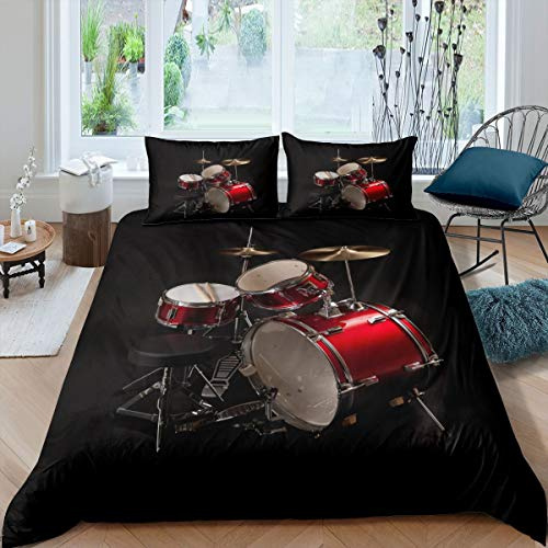 Drum Kit Duvet Cover Set Rock Music Theme Bedding Set for Kids Boys Teens Adults Musical Instrument Comforter Cover Rock Band Quilt Cover with 2 Pillowcase 3Pcs Bedding King,Black