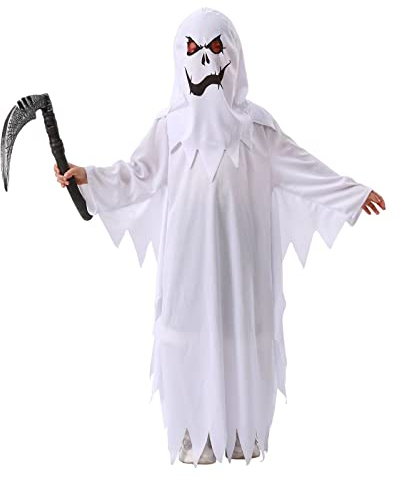 Costume di Halloween fantasma bianco per bambini Spooky Dolce o Saures con falce (7-9 anni, bianco)