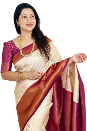 Flosive Women's Present Banarasi Soft Lichi Silk Saree Beautiful Jacquard Rich Pallu Design Work Zari Woven Kanjivaram Silk Style Saree With Soft Lichi Silk Blouse Piece, Cream, One size, Cream, One