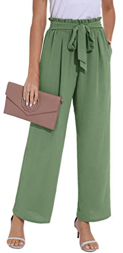 PrinStory Pantalones de pierna ancha para mujer, ligeros, cintura elástica, pantalones de verano con bolsillos, pantalones casuales de trabajo, Pasto Verde, S