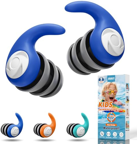 Waterproof Swimming Ear Plugs for Kids - 3 Pairs of Reusable Soft Silicone Swim Earplugs,Ear Protection for Children (4-12 Years Old) - Ideal for Surfing, Diving, Pool, Showering, and Water Sports