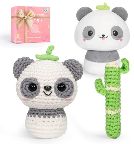 Mewaii Crochet Kit for Beginners Level 2 with 40% Extra Eco-Friendly Pre-Started Easy Yarn, Step-by-Step Video Tutorials for Adults and Kids (Mushroom Panda with Sample Plush)