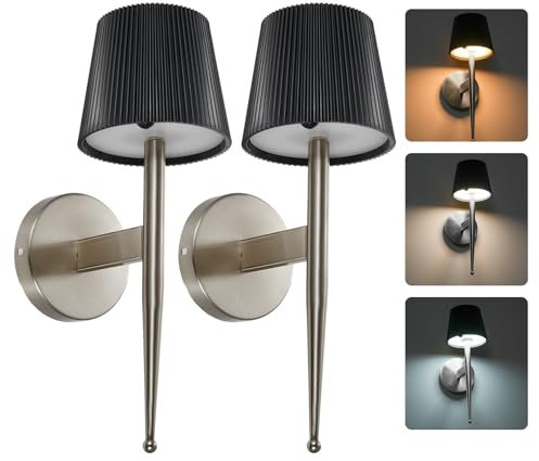 Lithomy Battery Operated Wall Light 2Pack,2IN1 Rechargeable Solar Wall Sconce with Color Temperature Dimmable,Modern No Wire Wall Lamp,Battery Power Wall Lights for Living Room/Outdoor,Black
