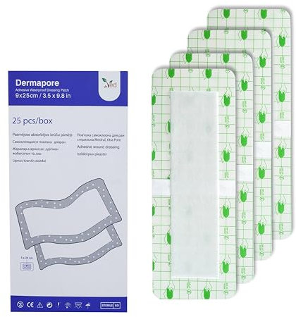 VED Dermapore Apósito adhesivo impermeable para heridas - Adecuado para cortes y rozaduras, úlceras venosas en las piernas, pequeñas úlceras por presión - Mediano, (9 x 25cm (Pack of 25))