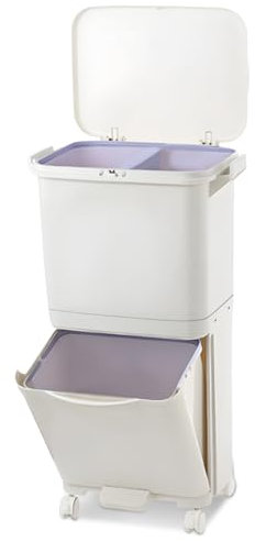 Warmiehomy Mülleimer Küche 2 Fächer, 38L Recycling Große Abfalleimer aus Kunststoff Mülltrennsystem, Tretmülleimer mit Deckel auf Rädern für Küche Wohnung Büro