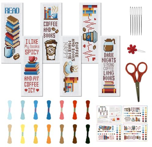FREEBLOSS Kit de punto de cruz marcapáginas de café – Kit bordado para principiantes con instrucciones