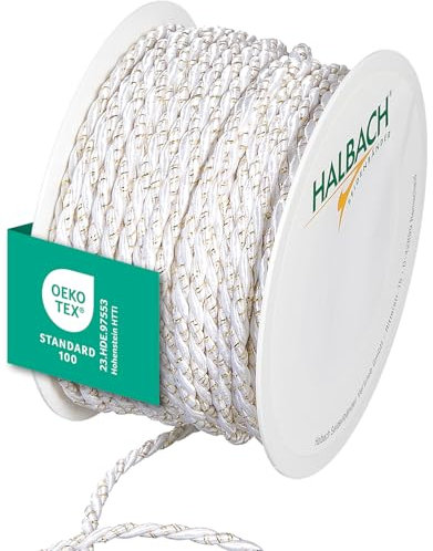 Halbach Seidenbänder Cordoncino bicolore di alta qualità, larghezza 4 mm, lunghezza 25 m, prodotto in Germania e certificato Öko-Tex, cordoncino in raso scintillante in acetato, colore: bianco/oro