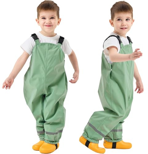 Fewlby Kids Waterproof Trousers, Rain Trousers Bib Overalls Boys Girls Rain Dungarees Wind and Waterproof Mud Pants Toddler Outdoor Rainwear with Reflective Strips