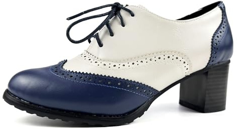 PIVAPAM Womens Vintage Oxfords Shoes 1950s Chunky High Heels Lace Up Wingtip Two Tone Perforated Saddle Pumps Shoes
