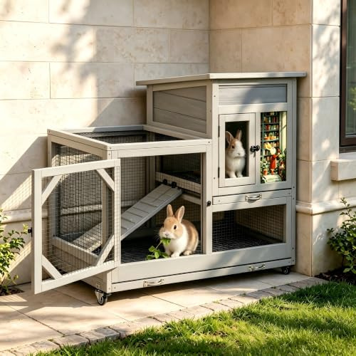 Jaula para conejos con área de juego al aire libre, de 2 pisos con ruedas, con gran cajón, techo de asfalto impermeable - Corral de madera para conejos afuera y adentro, para cobayas