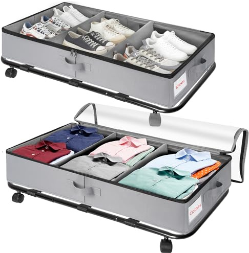 FREEAMG 2 Stück Unterbettkommode mit Rollen, 50L Unterbett Aufbewahrungsbox, Faltbare Unterbettschublade mit Deckel, Unterbettbox mit 4 Rollen & Metallrahmen (Grau)