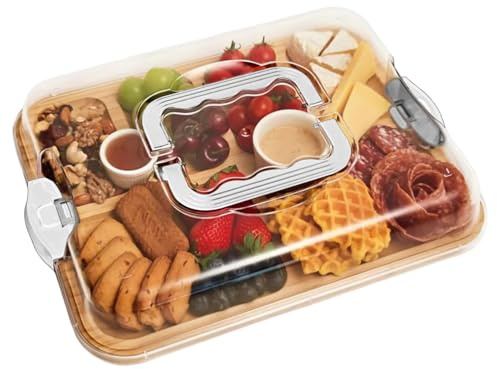 Hperu Charcuterie Board med lock, bambu Charcuterie-brädor med klart lock och handtag, 6 fack serveringsbricka, för kök, mat, mellanmål, fest, brädor med