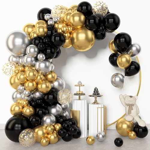 BlueCloudy 153pcs Kit de Arco de Guirnalda de Globos Negro y Oro, Diferentes Tamaños 45 30 25 12 cm, Globos de Látex Metálico Oro con Confeti para Decoraciones de Cumpleaños Año Nuevo