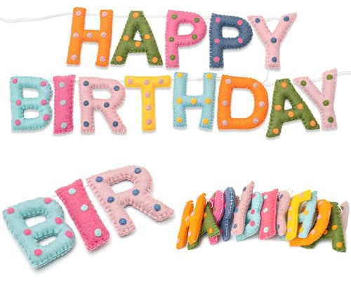 Pre-Strung Handmade Wool Felt Colorful Happy Birthday Banner, Unique 3D Confetti Dots Happy Birthday Garland Decor, Reusable Happy Birthday Sign for Boho Rainbow Party Backdrop Decorations