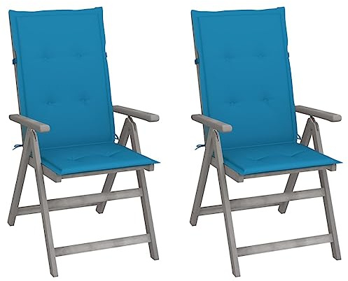 YuuSsea justerbara trädgårdsstolar 2 st. Tillverkad av massivt akaciaträ med blå kuddar, 5-vägs justerbart ryggstöd, väderbeständigt, perfekt för balkong, terrass, utomhus och camping